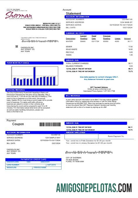 imprimível Modelo de conta de serviços públicos da cidade de Sherman nos EUA em formatos Word e PDF